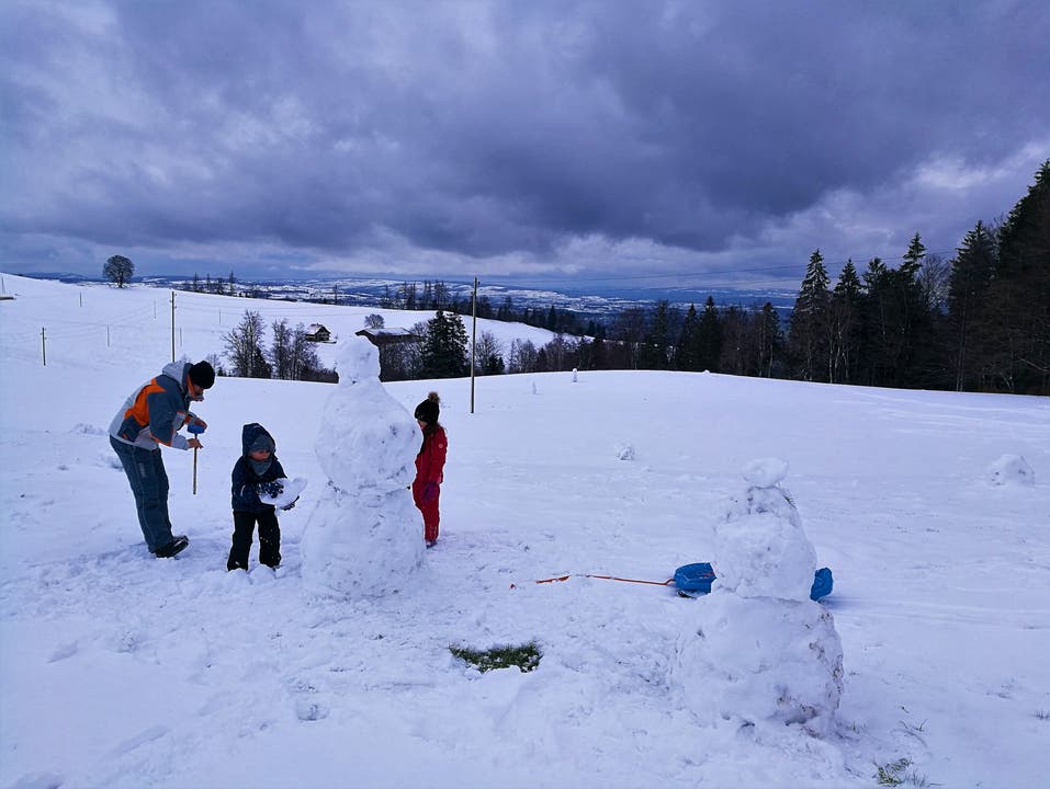 Am Nachmittag war Schneemann bauen mit den Kindern angesagt. (Bild: Urs Gutfleisch (Holderchäppeli, 9. Januar 2019))