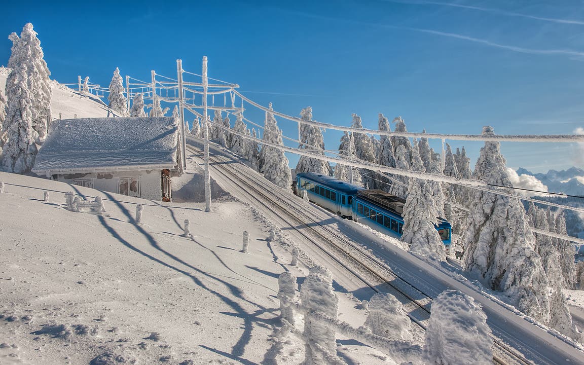 Die Rigi-Bahn auf der Fahrt durch die Winterlandschaft. (Bild: Caroline Pirskanen, 15. Januar 2019)