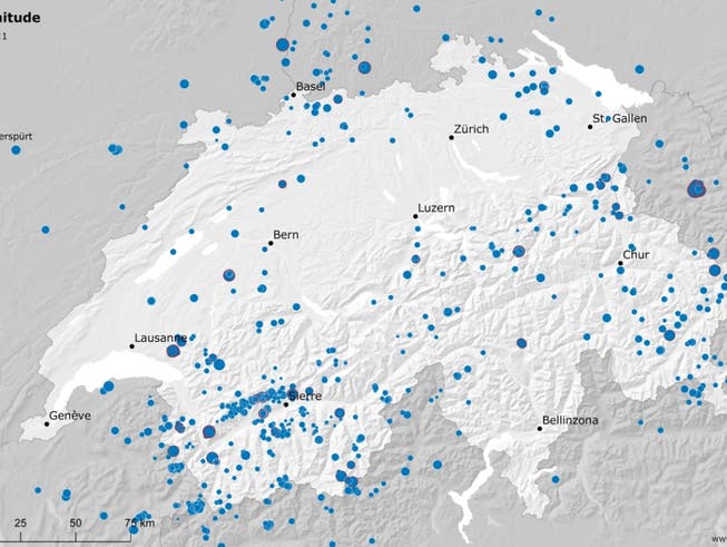 In der Schweiz und im angrenzenden Ausland registrierte der Schweizerische Erdbebendienst (SED) 2018 über 900 Beben. 25 davon hatten eine Magnitude von 2,5 oder grösser. Ab dieser Stärke spürt die Bevölkerung sie in der Regel. (Bild: SED)