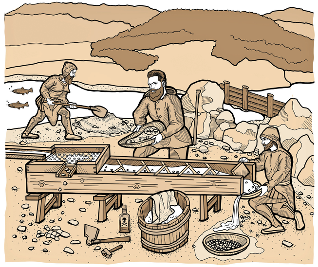 Zur Goldgewinnung benutzten bereits die Helvetier einen sogenannten Waschtisch: Ein Holzkanal mit einem Boden, der feine Löcher enthielt. (Illustration: Oliver Marx) 