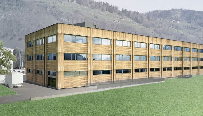 Beim Ersatzbau Süd in Oberdorf ist eine Holzfassade mit durchgehenden Fensterreihen vorgesehen. (Visualisierung: PD)