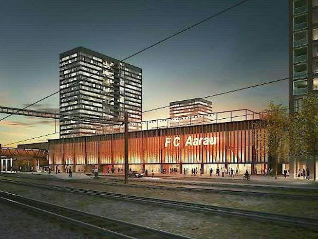 So wird es aussehen: Das neue Fussballstadion in Aarau mit vier Hochhäusern. Das Aarauer Stimmvolk macht jetzt den Weg frei. (Bild: Handout Stadt Aarau)