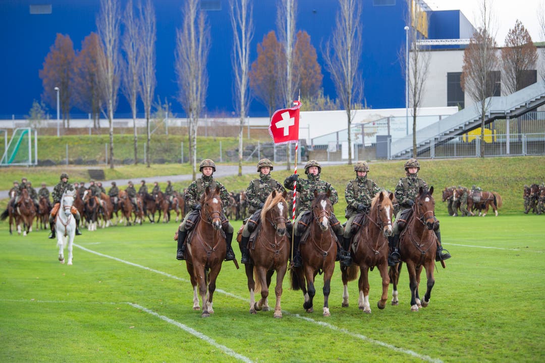 Vorbeimarsch der Veterinär- und Armeetiere-Abteilung 13 im Stadion Gründenmoos. (Bild: Urs Bucher - 27. November 2019)