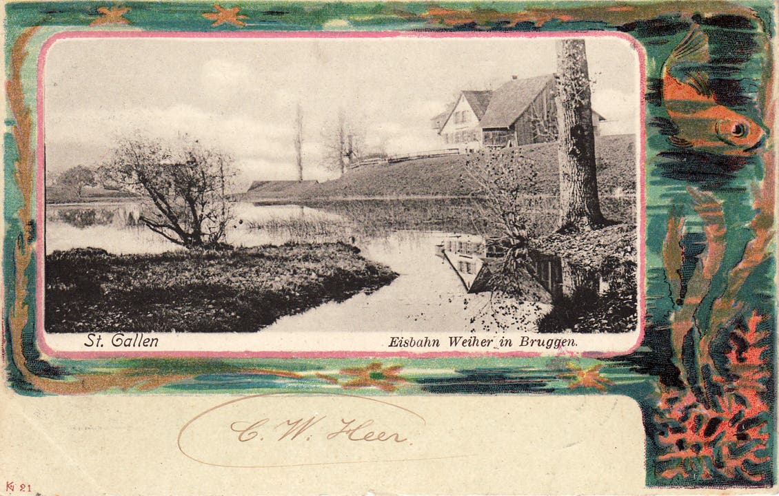 Eine kolorierte Postkarte aus dem Jahr 1890. Damals wurden die Burgweier als Eisbahn genutzt. 