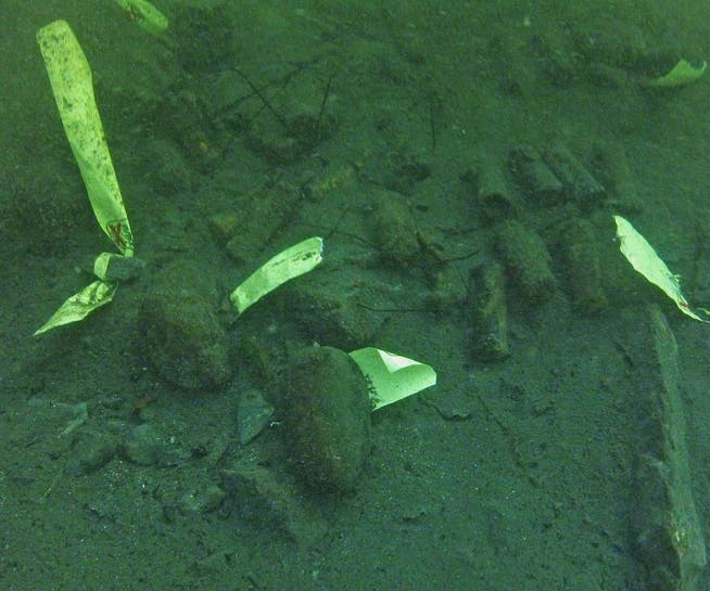 Die aus dem Rotsee geborgenen Handgranaten entsprechen grösstenteils dem Typ «Siegwart DHG 16». Im Bild sind sie markiert für die Bergung.