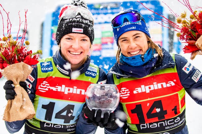 Nadine Fähndrich und Laurien van der Graff lächeln in Planica um die Wette.