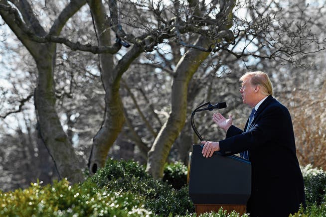 US-Präsident Donald Trump am Freitag bei seiner Rede im Rosengarten des Weissen Hauses. Bild: Susan Walsh/AP (Washington, 15. Februar 2019)