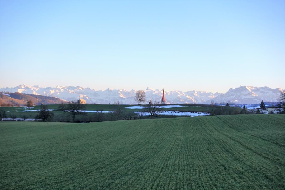 Fernsicht in die Berge, mit Turm der Stiftskirche Beromünster, vom Riedhof gesehen. (Bild: Josef Habermacher, Gunzwil, 18. Februar 2019)
