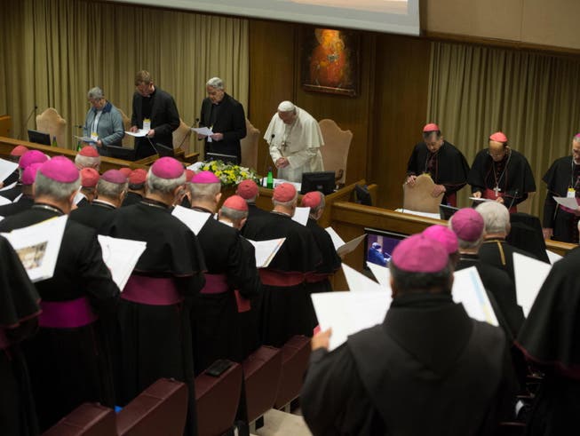 Papst Franziskus (M.) und Bischöfe am zweiten Tag der Kinderschutz-Konferenz im Vatikan. (Bild: KEYSTONE/EPA ANSA/VATICAN MEDIA / HANDOUT)