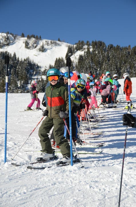 Die jungen Skifahrer warten geduldig auf den Start auf die Übungspiste, um für das Abschlussrennen am Samstag zu trainieren.