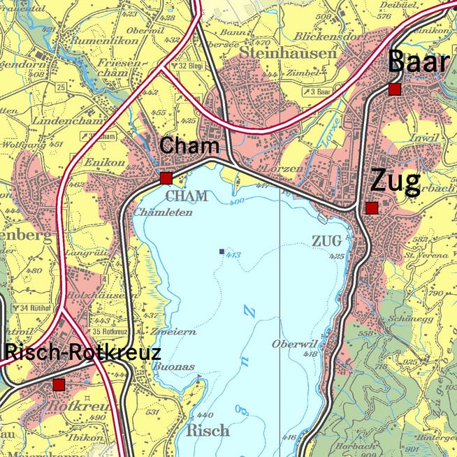 In den Stadtlandschaften (rot eingefärbt) rund um die Zentren Zug, Baar, Cham und Risch-Rotkreuz soll der Hauptteil der Entwicklung stattfinden. (Karte: pd)