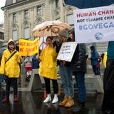 Trotz nasskaltem Regenwetter demonstrierten gegen 100 Personen auf dem Postplatz. (Bild: Maria Schmid,  Zug,15. März 2019)