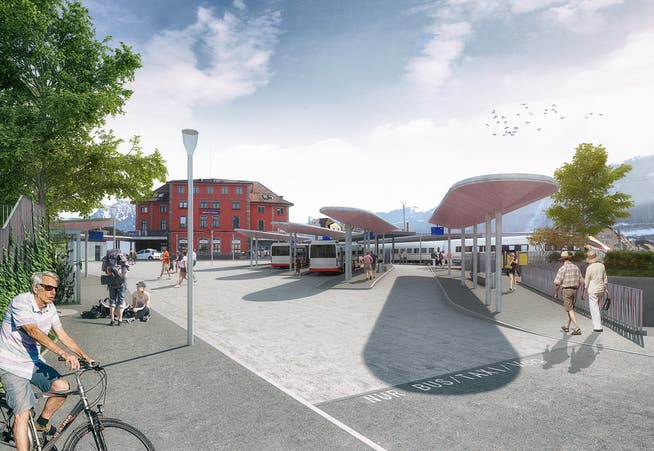 So könnte der Bahnhofplatz in Goldau künftig aussehen. (Visualisierung: PD)