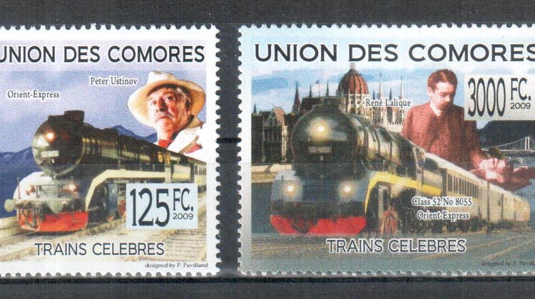 Die Briefmarken mit dem Orient-Express und der Schweizer Lokomotive. (Bild: Günther Klebes)