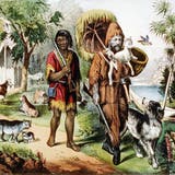 Überlebt in der Wildnis dank bürgerlichen Tugenden wie Fleiss und Bescheidenheit: Robinson Crusoe mit seinem devoten Gefährten Freitag. Darstellung aus dem Jahr 1875: (Bild: Keyston)