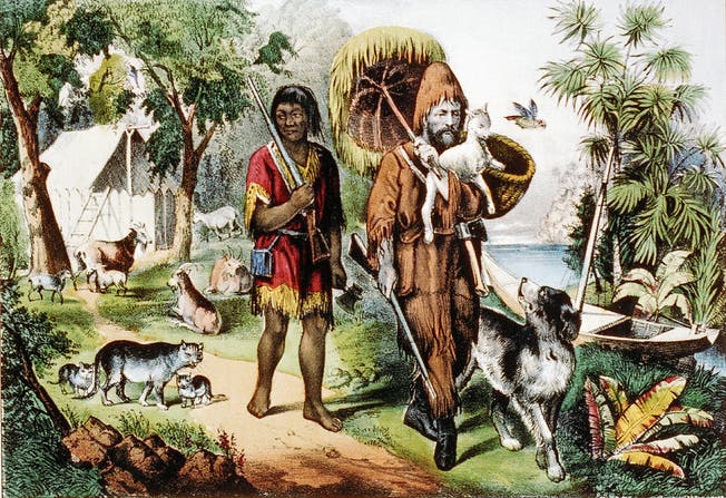 Überlebt in der Wildnis dank bürgerlichen Tugenden wie Fleiss und Bescheidenheit: Robinson Crusoe mit seinem devoten Gefährten Freitag. Darstellung aus dem Jahr 1875: (Bild: Keyston) 