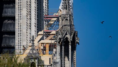Am Dienstag wurde begonnen, eine Plane auf der mehr als 850 Jahre alten Kathedrale anzubringen, deren Dach in grossen Teilen zerstört wurde. Bereits vorher wurden möglicherweise einsturzgefährdete Teile der Kathedrale statisch gesichert.(Bild: Ian Langsdon/EPA, Paris, 19. April 2019)