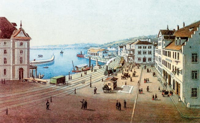 Hafen und Bahnhof im 1870, ein Jahr nach der Eröffnung der Seelinie. (Bild: Aquatinta von Rudolf Dikenmann)