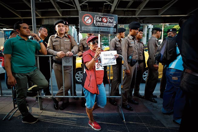 Ein Junta-Gegner protestiert in Bangkok gegen Wahlbetrug. (Bild: Diego Azubel/EPA; 31. März 2019)