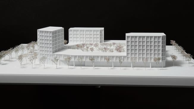 Das Modell zum Grossprojekt «Neue Stadtmitte» der Vögele Immobilien Gruppe, Ansicht von der St. Gallerstrasse. (Bild: Visualisierung PD)