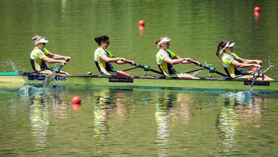 Winner Lucy Stephan, Rosemary Popa, Sahra Hawe and Molly Goodman of Australia 1, from left, during the Women's Four Final A at the rowing World Cup on Lake Rotsee in Lucerne, Switzerland, Sunday, July 15, 2018. (KEYSTONE/Alexandra Wey)