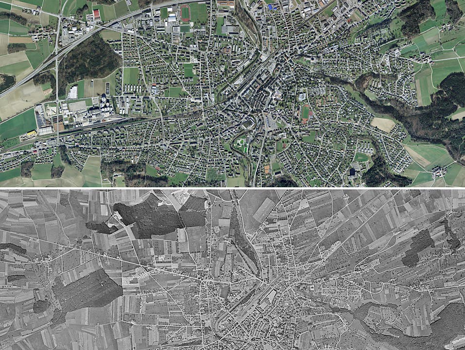 Die Gemeinde Frauenfeld 2014 (oben) und 1946 (unten). Nach dem Zweiten Weltkrieg überflogen amerikanische Bomber mit der Genehmigung der Schweizer Regierung die Schweiz. (Bild: KEYSTONE/SWISSTOPO)