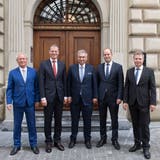 Der neue Luzerner Regierungsrat (von links): Paul Winiker, Reto Wyss, Guido Graf, Fabian Peter und Marcel Schwerzmann. (Bild: Eveline Beerkircher, Luzern, 19. Mai 2019)
