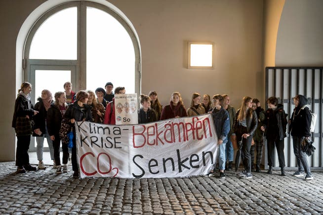 Junge Klimaaktivisten nahmen am Dienstagnachmittag die Mitglieder des St.Galler Stadtparlaments schon am Eingang zum Waaghaus in Empfang. (Bild: Adriana Ortiz Cardozo - 21. Mai 2019)