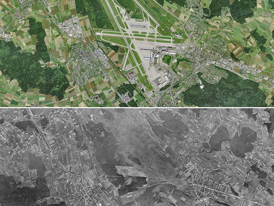 Vom heutigen Flughafen Zürich war vor 73 Jahren noch nicht viel zu sehen. (Bild: KEYSTONE/SWISSTOPO)