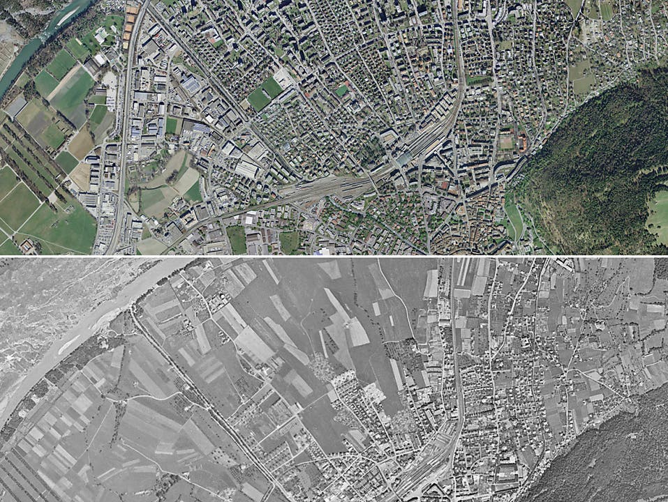 Siedlungen (im Jahr 2014) statt Felder (im Jahr 1946) auch in Chur. (Bild: KEYSTONE/SWISSTOPO)