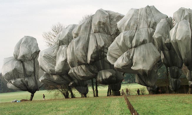 Das Projekt «Wrapped Trees» des Künstlerehepaars Christo und Jeanne-Claude im Park der Fondation Beyeler. Die Seile mit einer Länge von 23 Kilometern zur Fixierung der Verpackung der 163 Bäume stellte die Textilfirma Meister &amp; Cie AG her. (Bild: Winfried Rothermel/AP, Riehen, 1. November 1997) 