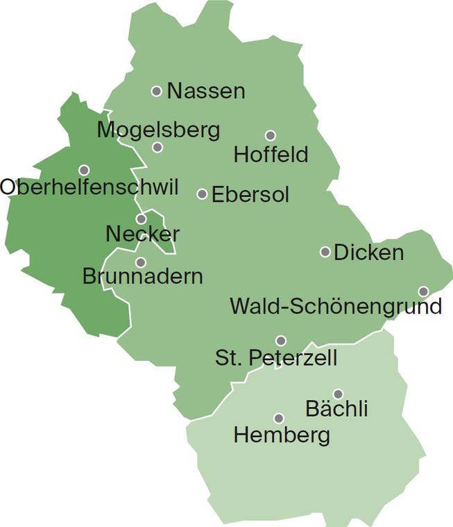 Die Gemeinden Neckertal, Hemberg und Oberhelfenschwil wollen eine Fusion prüfen. (Karte: PD)