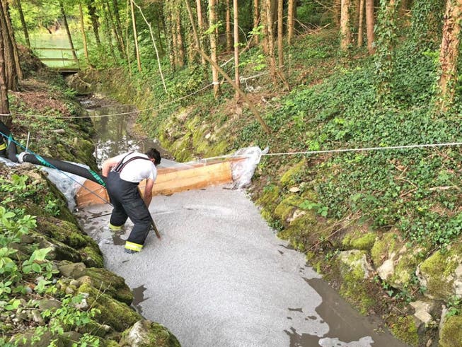 Ein Feuerwehrmann errichtet eine Sperre in einem Bach nachdem bei Schweizersholz TG rund 50 Kubikmeter Gülle ausgelaufen sind. (Bild: Kantonspolizei Thurgau)