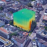 Visualisierung einer digitalen Datenanalyse des Start-ups Archilyse. Wo im Gebäude der Blick auf umliegende Bäume fällt (Hochhaus zur Palme, Zürich). (Bild: PD)