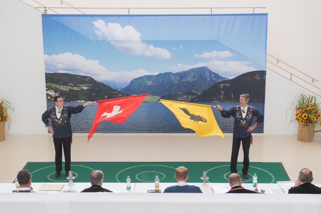 Zwei Fahnenschwinger bei den Vorführungen. (Bild: Boris Bürgisser, Horw, 28.06.2019)