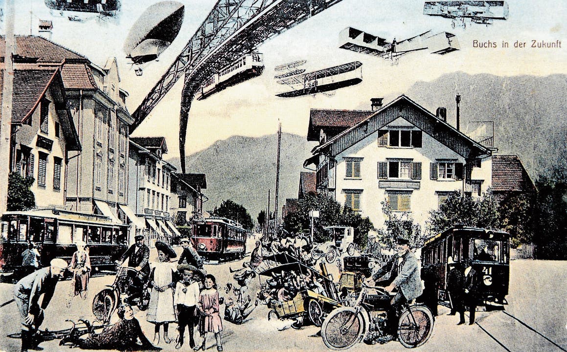 Alte Postkarte: Buchs in der Zukunft mit viel Verkehr am Boden und in der Luft. Bilder: Archiv Hansruedi Rohrer