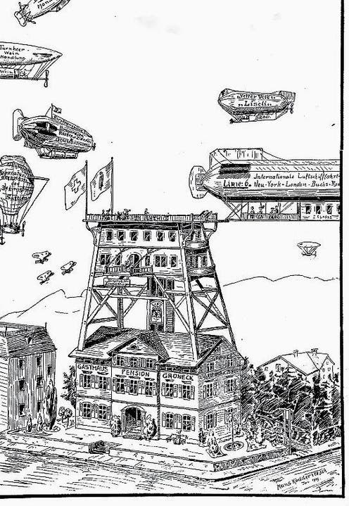 Alte Postkarte: Buchs in der Zukunft mit viel Verkehr am Boden und in der Luft. Bilder: Archiv Hansruedi Rohrer