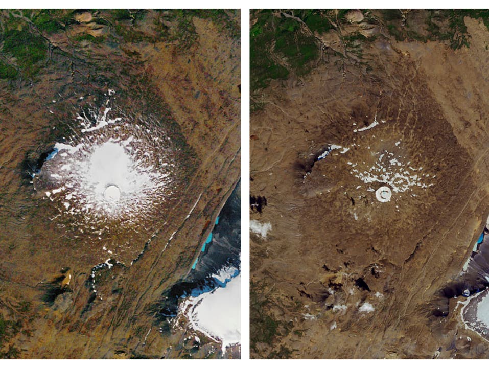 Im Jahr 1986 (links) noch ein stolzer Gletscher, nun ist er offiziell «tot» (rechts). Der Okjokull-Gletscher in Island. (Bild: KEYSTONE/AP NASA)