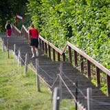 Die St.Galler Treppen sind die direkteste Fussverbindung zwischen der Talsohle sowie den Hängen und Kuppen nördlich und südlich der Stadt. Sie werden im Alltag gerne benutzt, sind für viele aber auch ein beliebtes Sportgerät. Im Bild die Gesstreppe am Dreilindenhang. (Bild: Ralph Ribi - 18. Juli 2019)