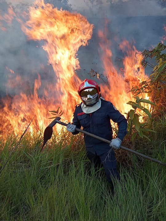 Feuerwehrleute bekämpfen die Flammen. (Bild: Rio Branco Firemen HANDOUT)