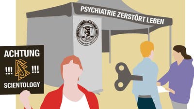 Aktivisten warnen Passanten: Hinter der psychiatriekritischen Organisation CCHR verbirgt sich die Scientology. (Illustration: Selina Buess)