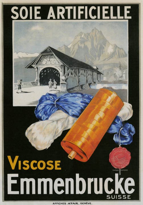 Ein Werbeplakat der Viscose-Fabrik, auf dem die alte Brücke über die kleine Emme abgebildet ist.