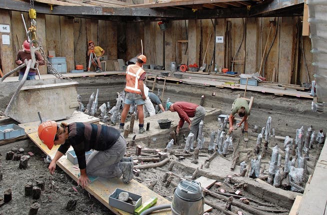 Archäologen bei der Arbeit: Ein Blick auf die Rettungsgrabung der Pfahlbauten 2008 in der Riedmatt in Zug. Bild: Rolf Glauser/PD