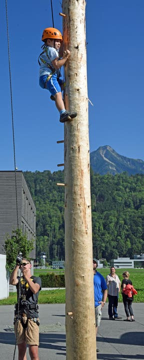 Der Weg nach oben am 18 Meter hohen Kletterbaum ist noch weit und mit viel Mut gepflastert. (Bild: Robert Hess, Alpnach, 21. September 2019)