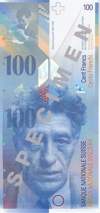 Reproduktion der Vorder- und Rückseite der 100-Franken-Banknote («Alberto Giacometti») der SNB, 8. Serie, ausgegeben 1998. (Quelle: Archiv der SNB)