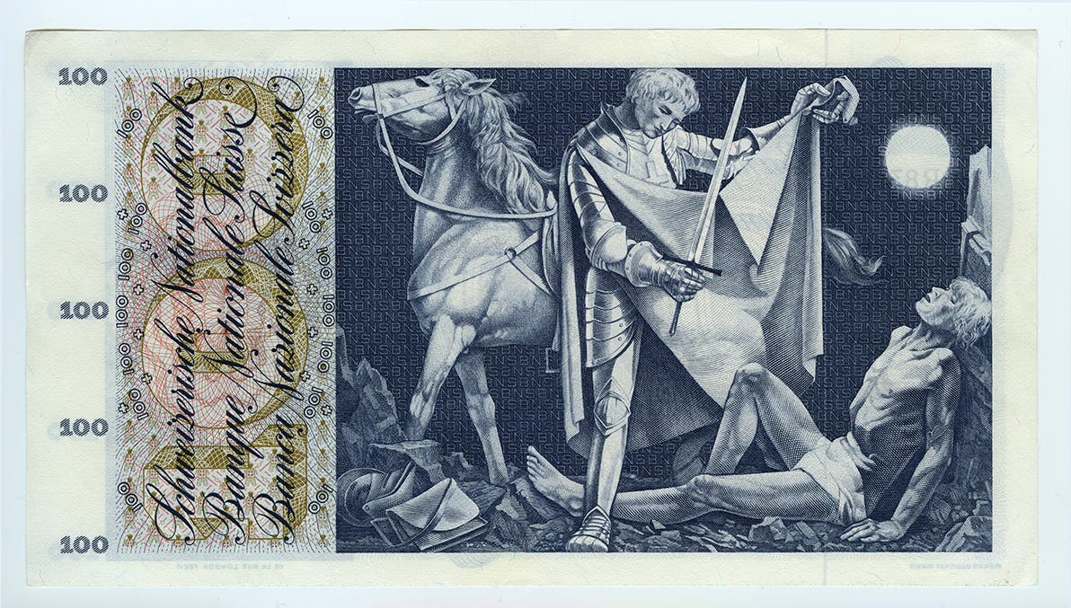 Reproduktion der Rückseite der 100-Franken-Banknote («St.Martin») der SNB, 5. Serie, ausgegeben 1957, zurückgerufen 1980. (Quelle: Archiv der SNB)