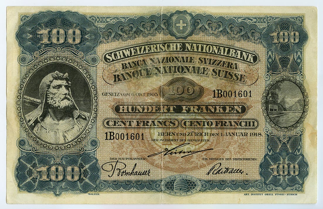 Reproduktion der Vorderseite der 100-Franken-Banknote («Wilhelm Tell II») der SNB, 3. Serie, ausgegeben 1918, zurückgerufen 1925. (Quelle: Archiv der SNB)