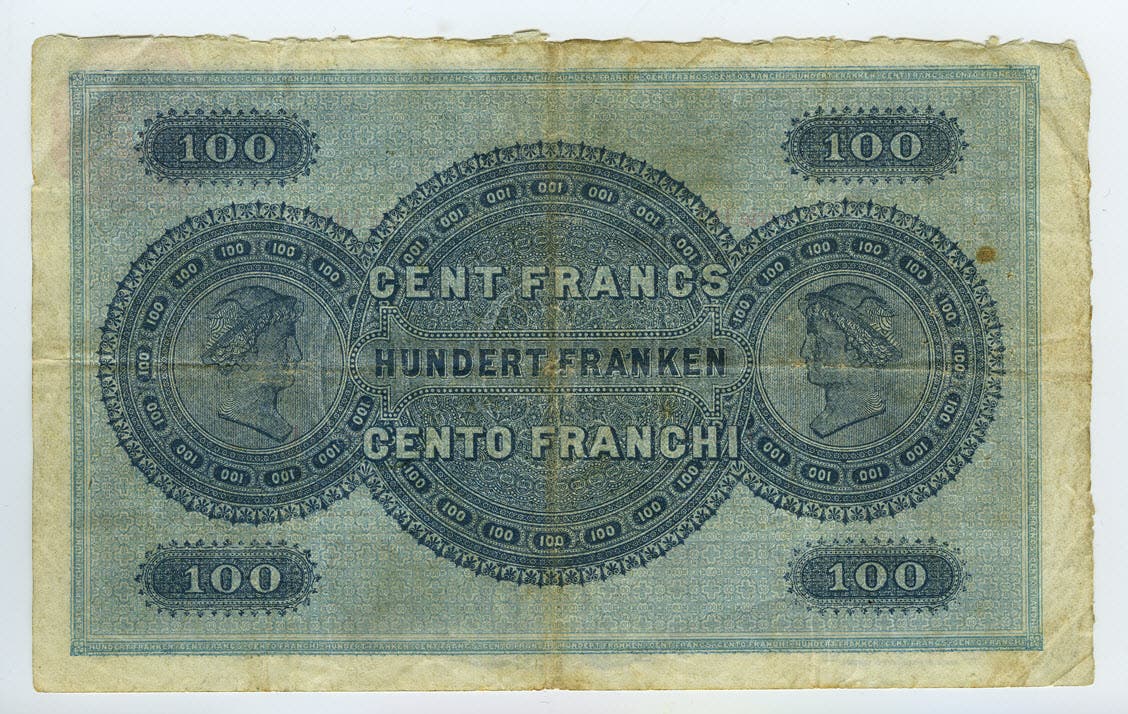 Reproduktion der Rückseite der 100-Franken-Banknote der SNB, 1. Serie, ausgegeben 1907, zurückgerufen 1925. (Quelle: Archiv der SNB)