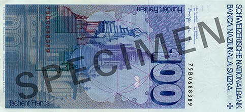 Reproduktion der Rückseite der 100-Franken-Banknote («Francesco Borromini») der SNB, 6. Serie, ausgegeben 1976, zurückgerufen 2000. (Quelle: Archiv der SNB)