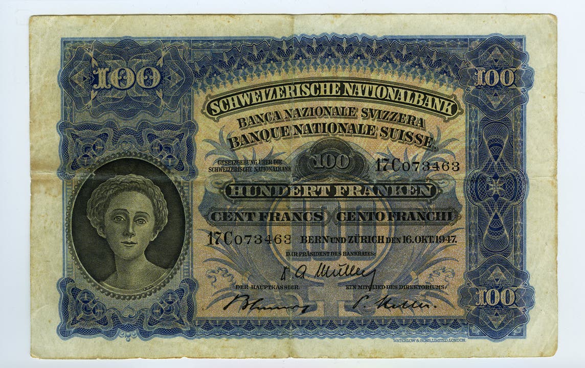 Reproduktion der Vorderseite der 100-Franken-Banknote («Mäher») der SNB, 2. Serie, ausgegeben 1911, zurückgerufen 1958. (Quelle: Archiv der SNB)